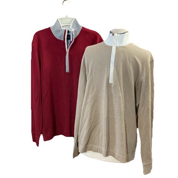 HUGO BOSS Men's 1/2 Zip PullOver Long Sleeve Shirt Set Of 2 Sz L Red Tan Preppy - Picture 1 of 9
